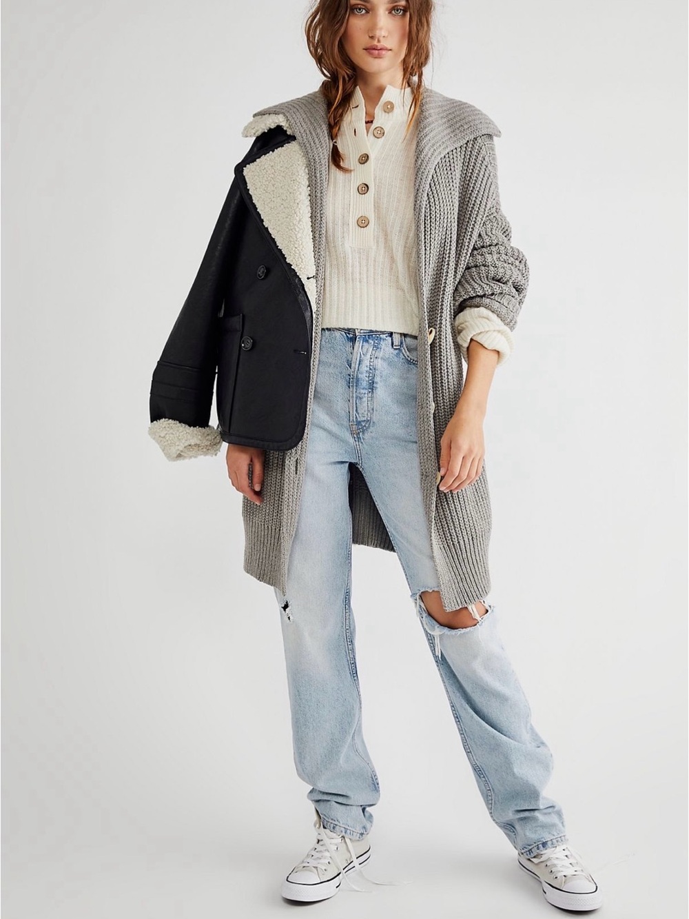 Free People White Cashmere Henley Sweater